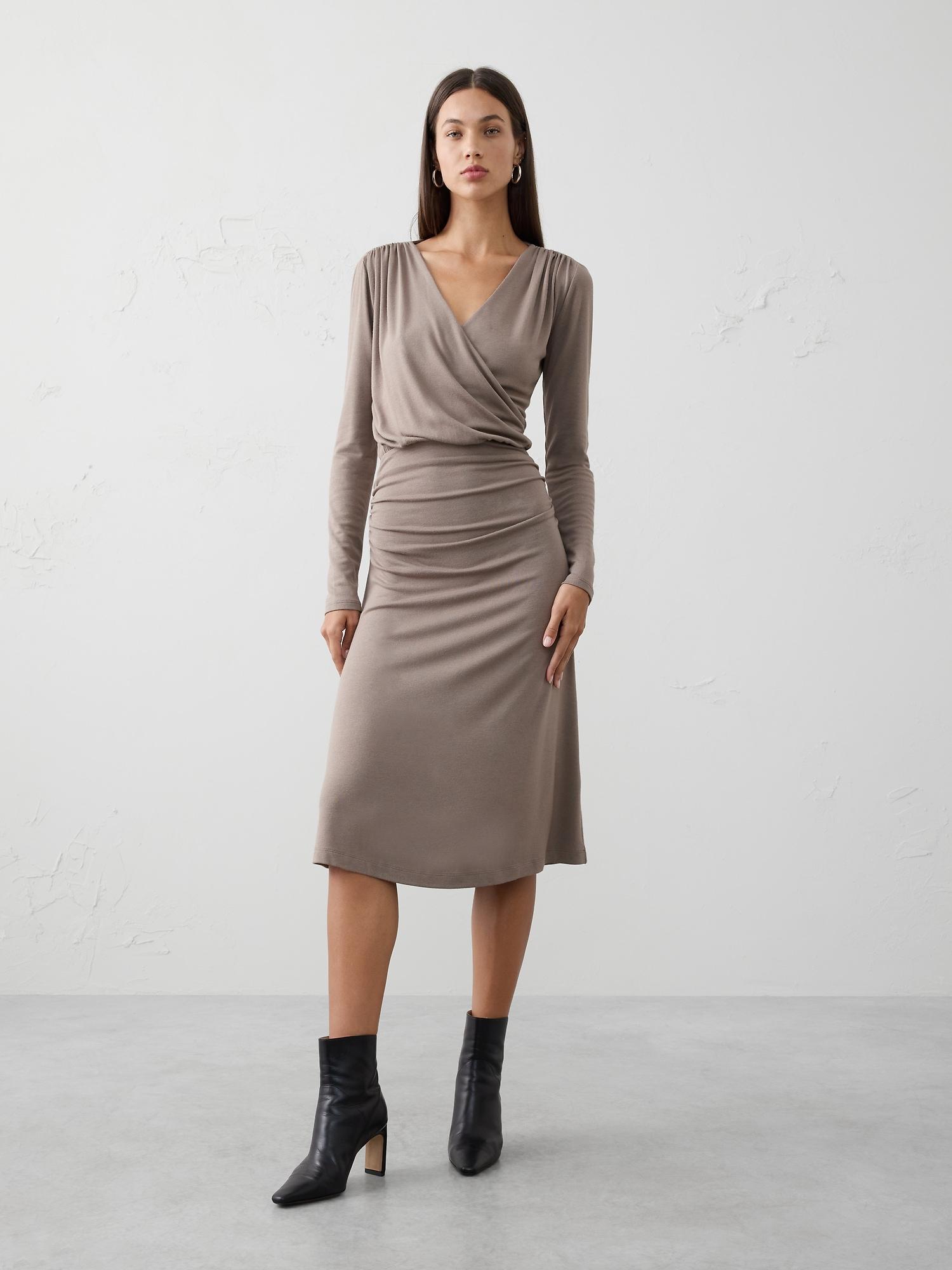 soft luxe knit wrap midi dress