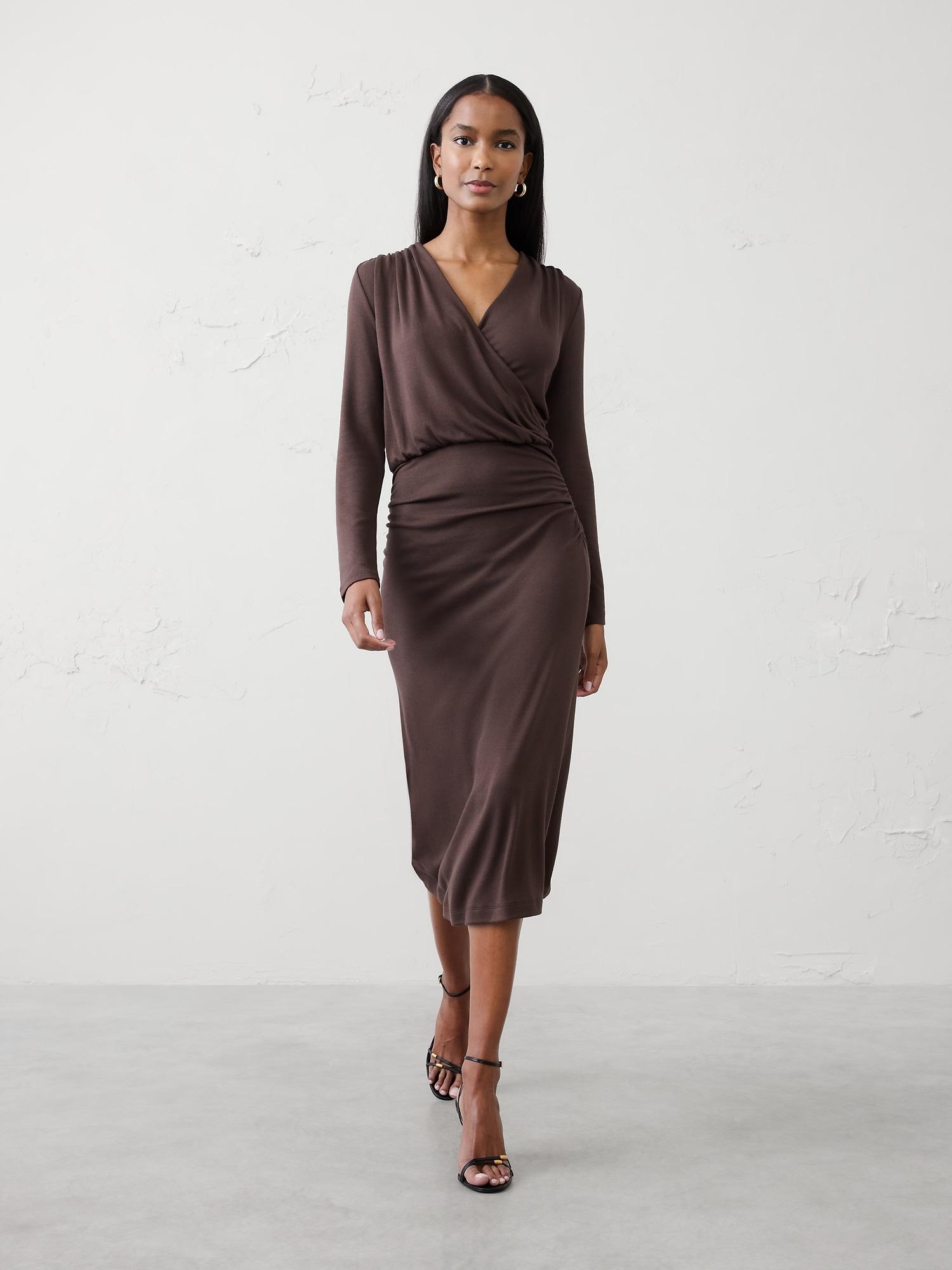 soft luxe knit wrap midi dress
