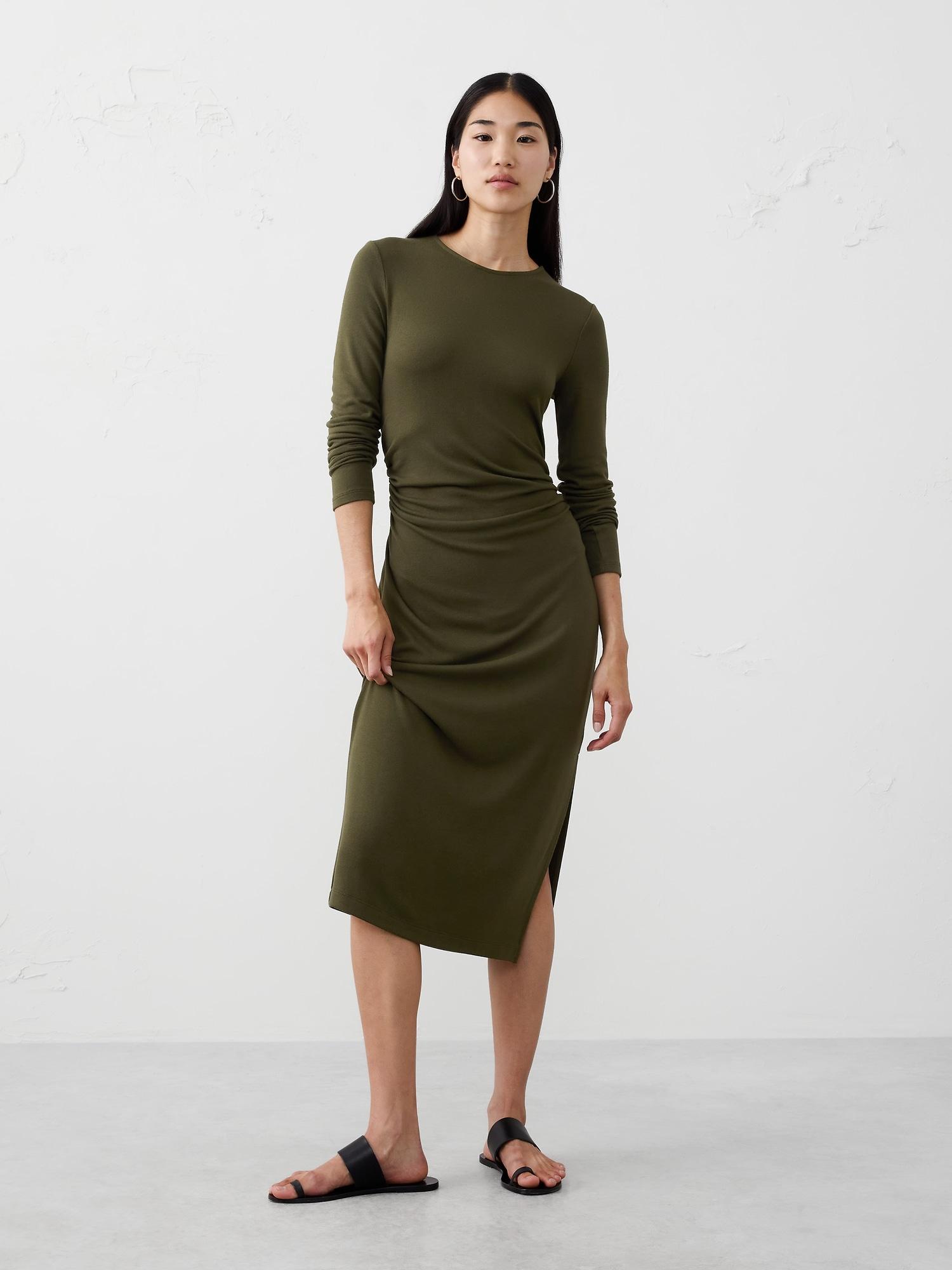 soft luxe shirred-side midi dress