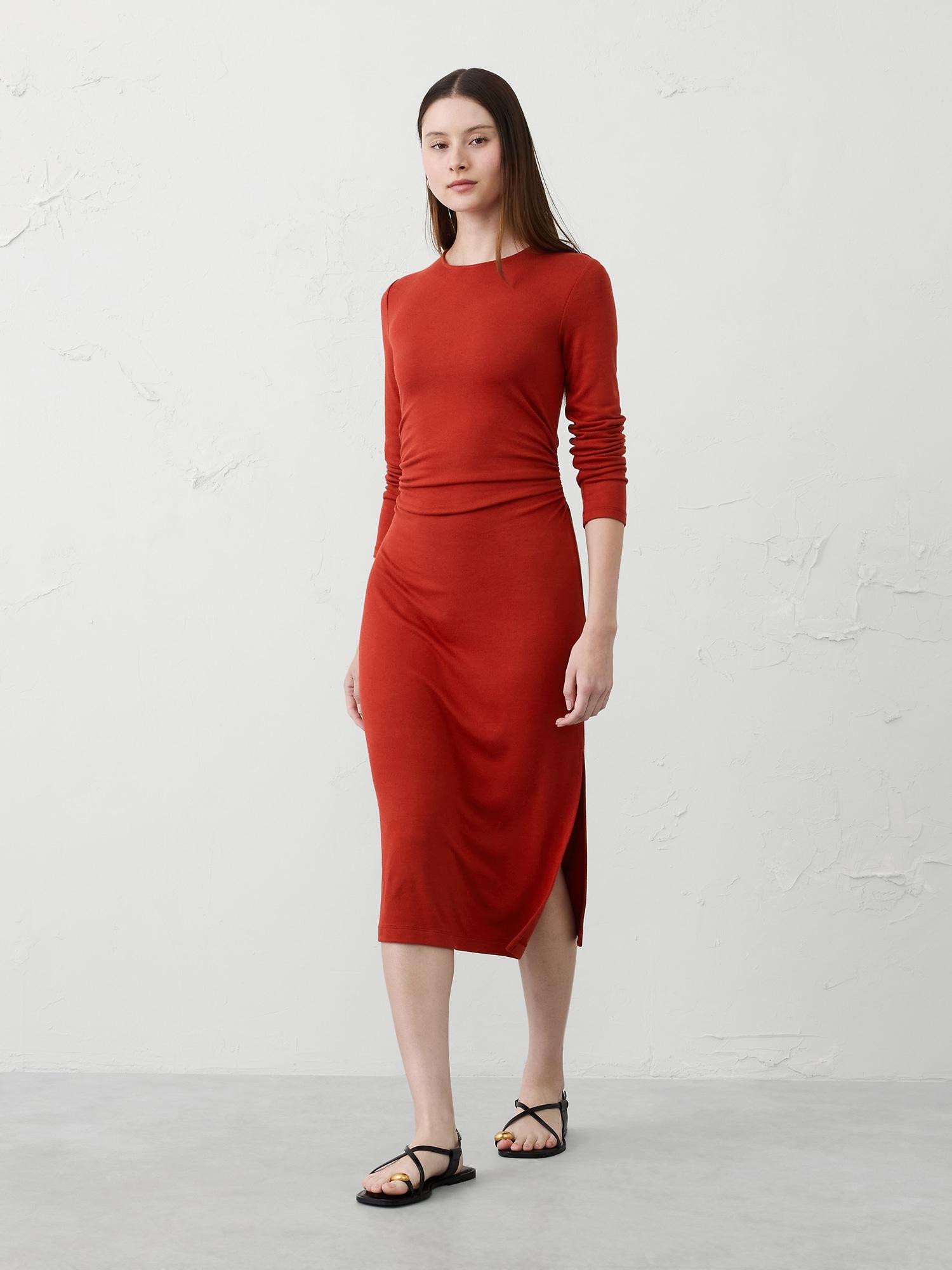 soft luxe shirred-side midi dress