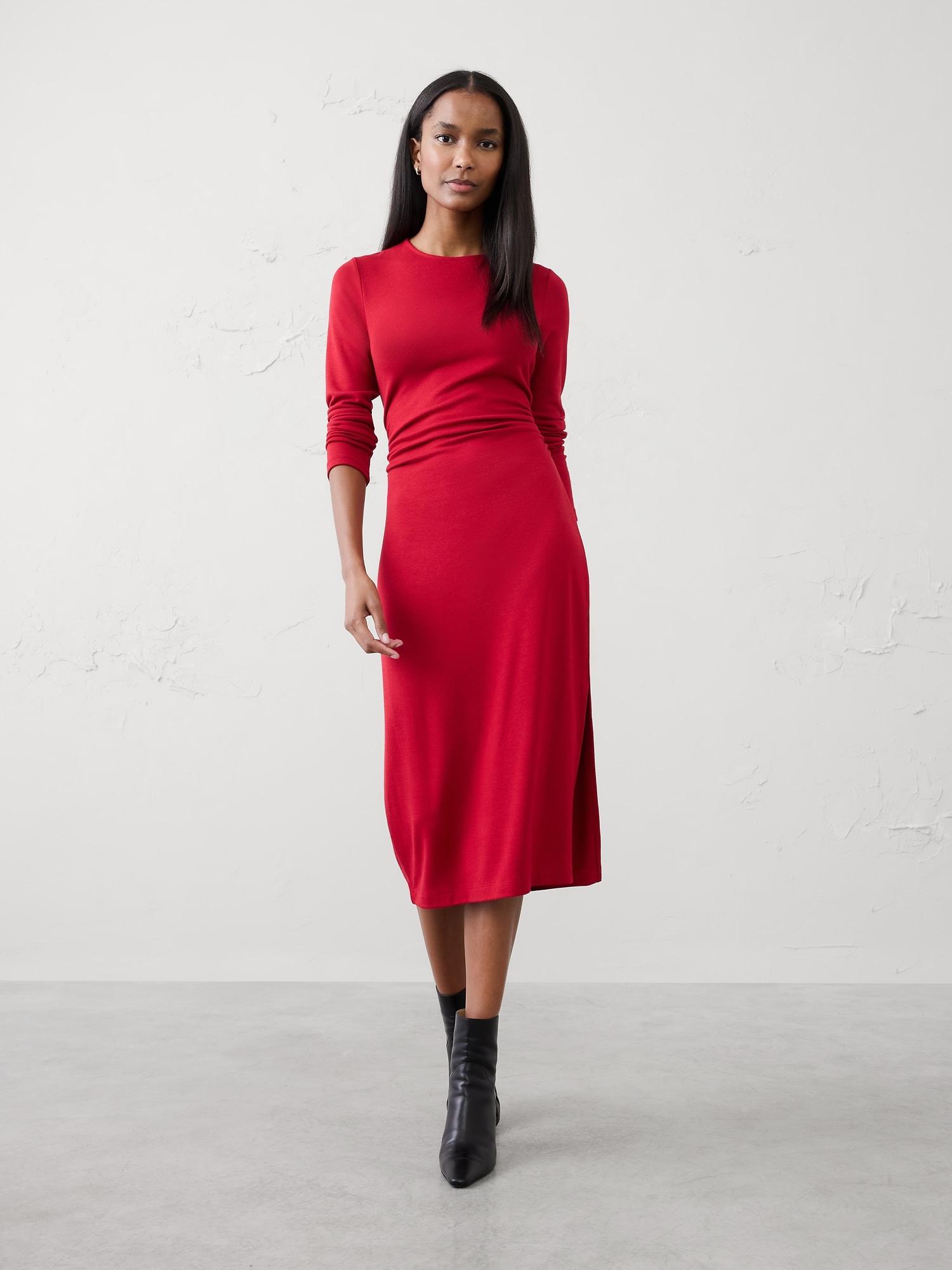soft luxe shirred-side midi dress