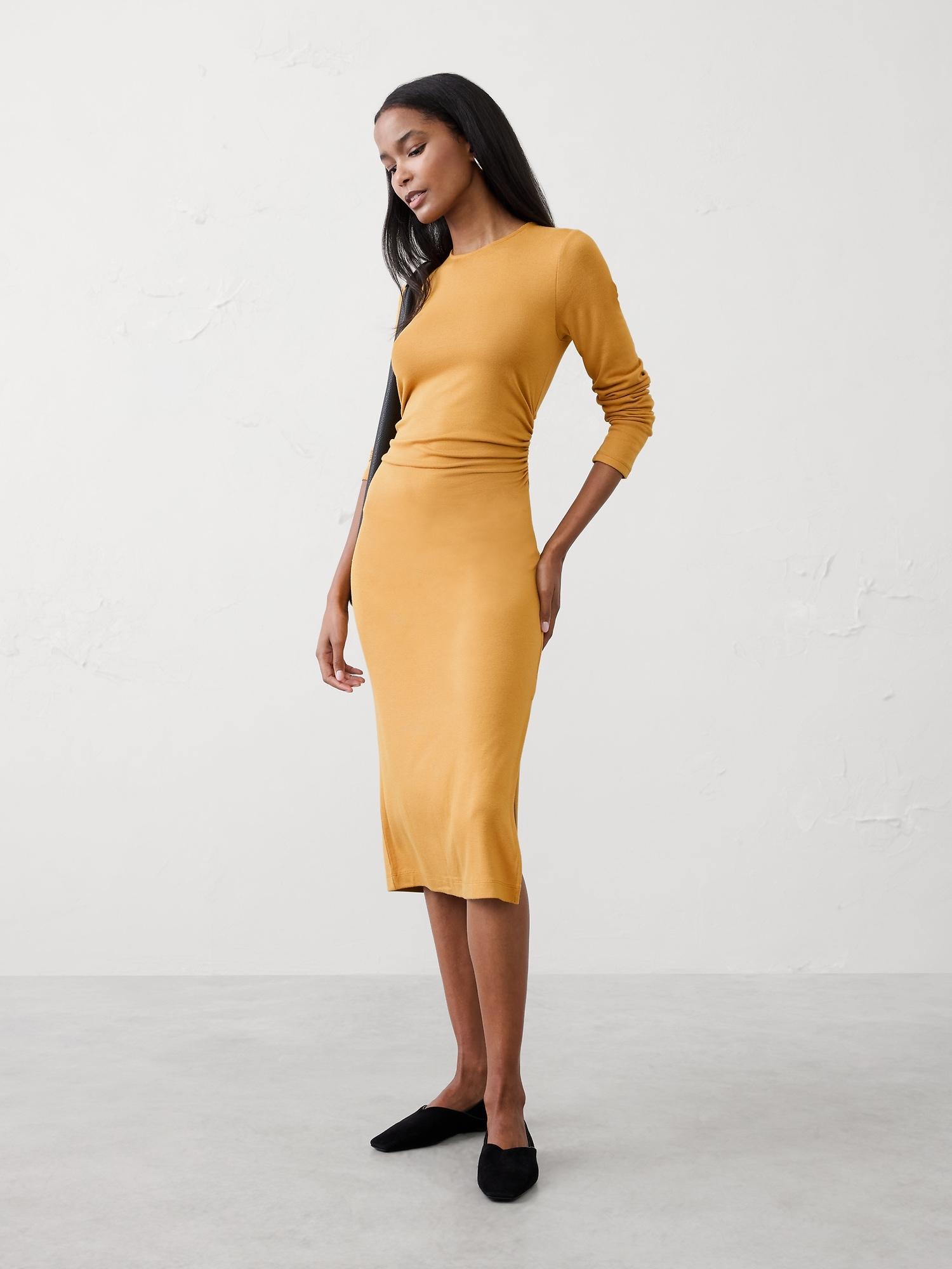 soft luxe shirred-side midi dress