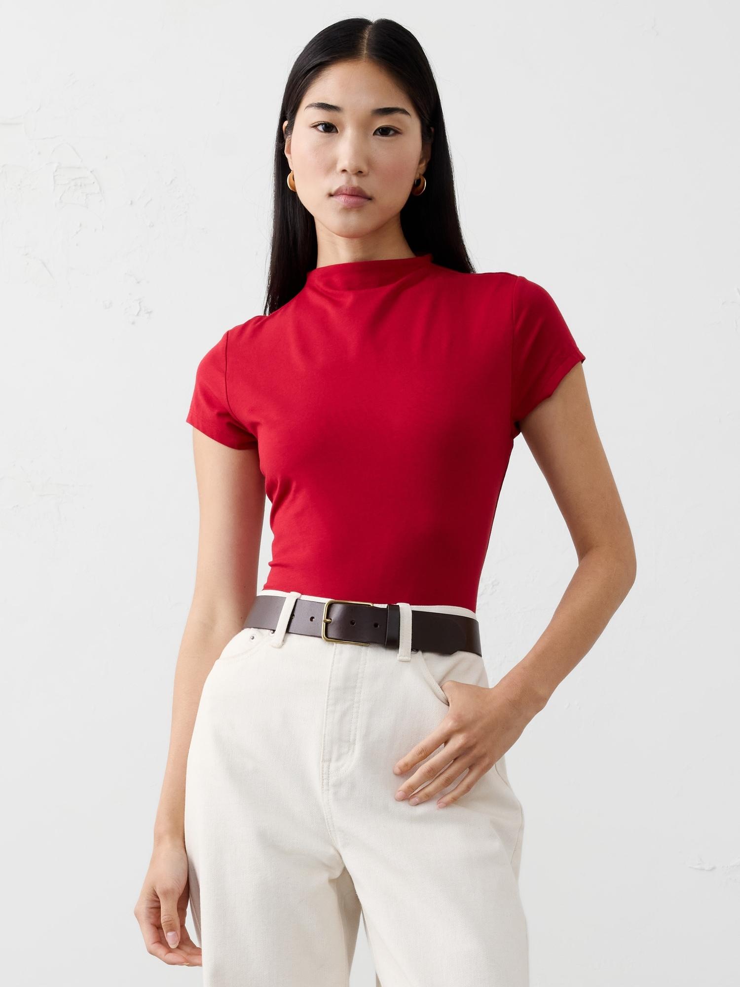 soft stretch mock-neck top