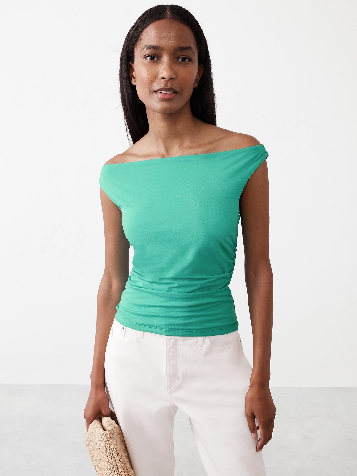 soft stretch shirred-waist boat-neck top