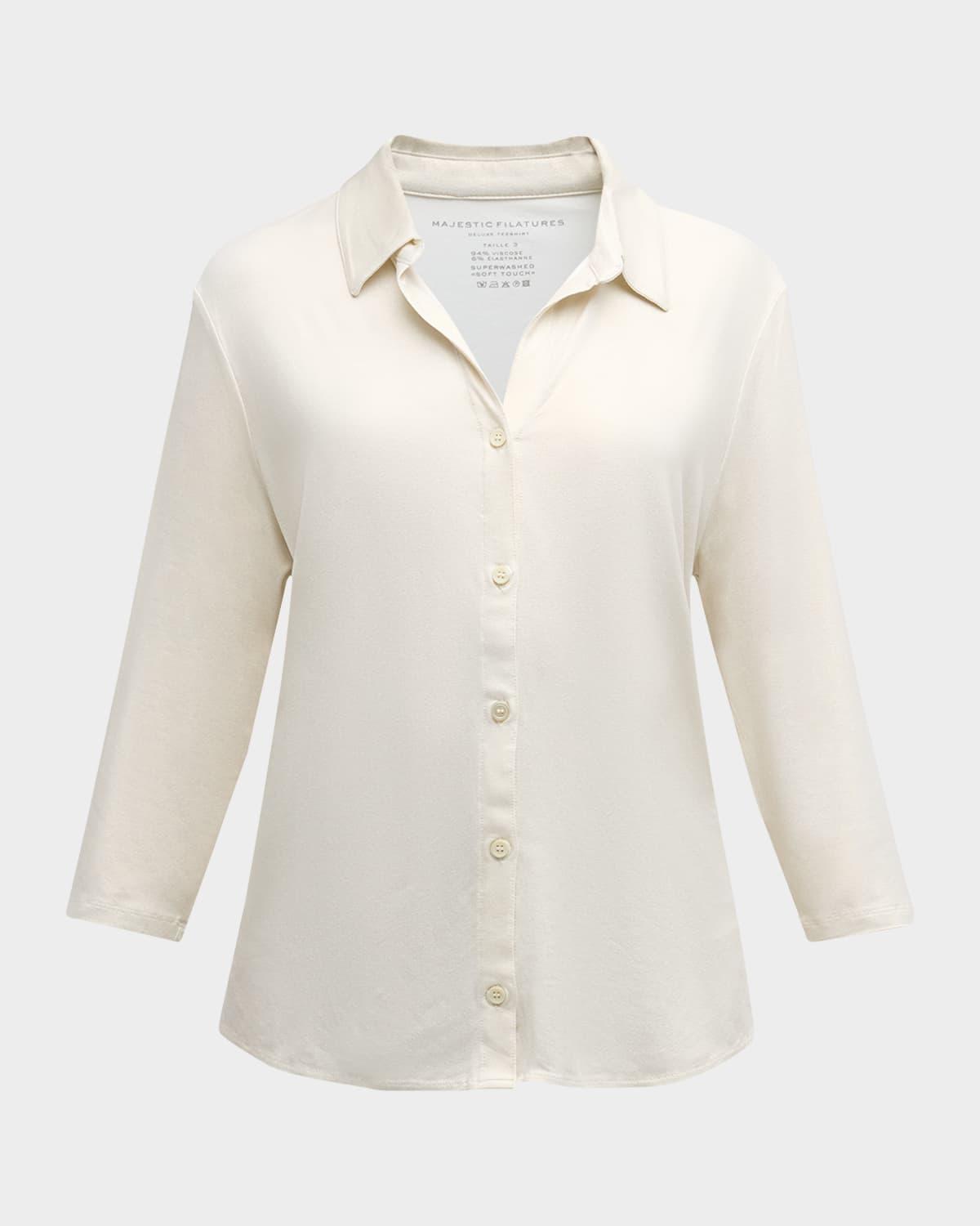 soft touch metallic button-front shirt with side slits