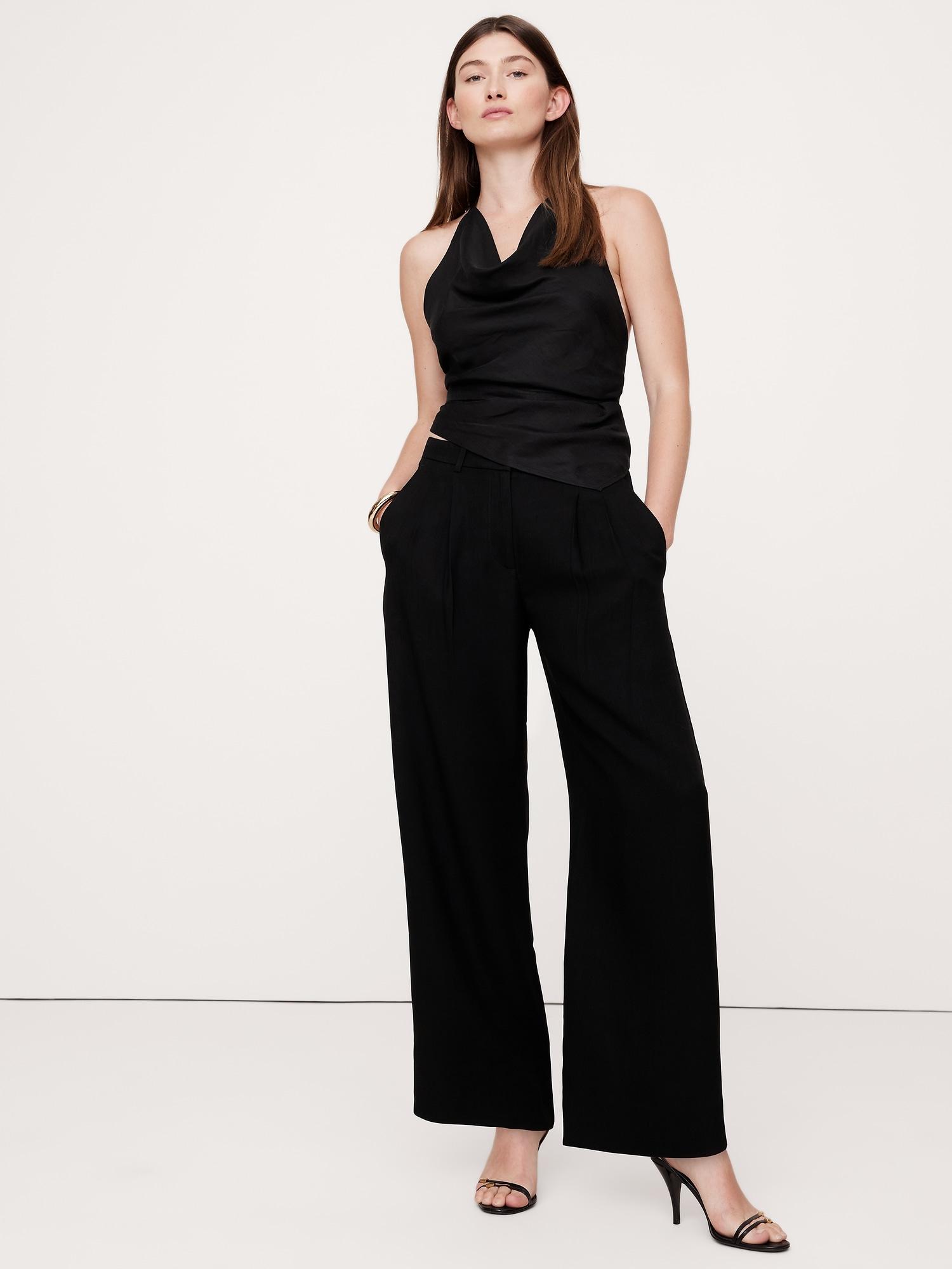 soho mid-rise pleated wide-leg drapey twill pant