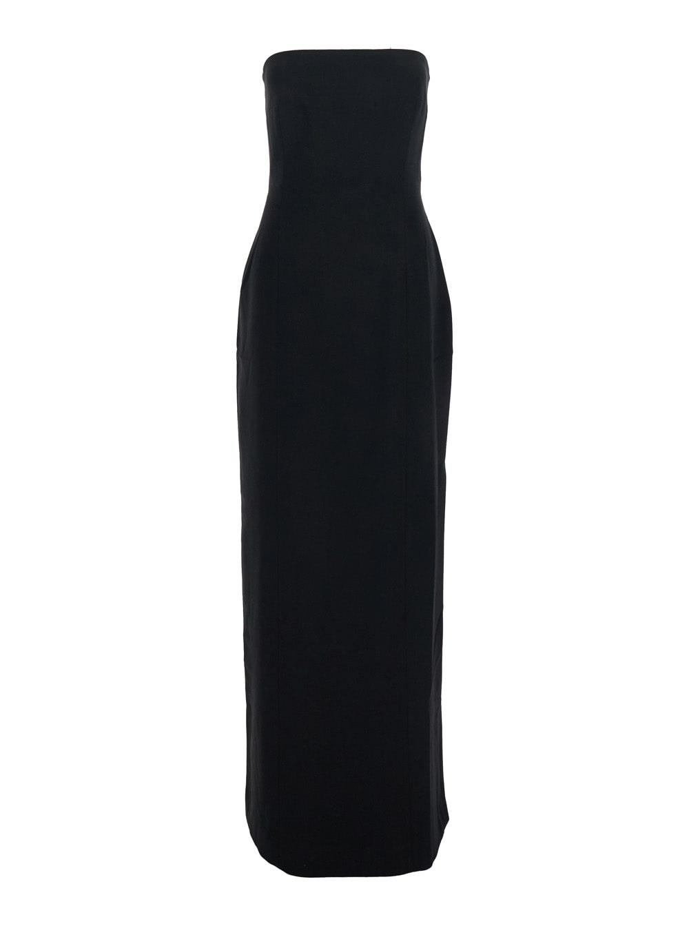 solace london anderson black long dress with bare shoulder and back slit in twill woman