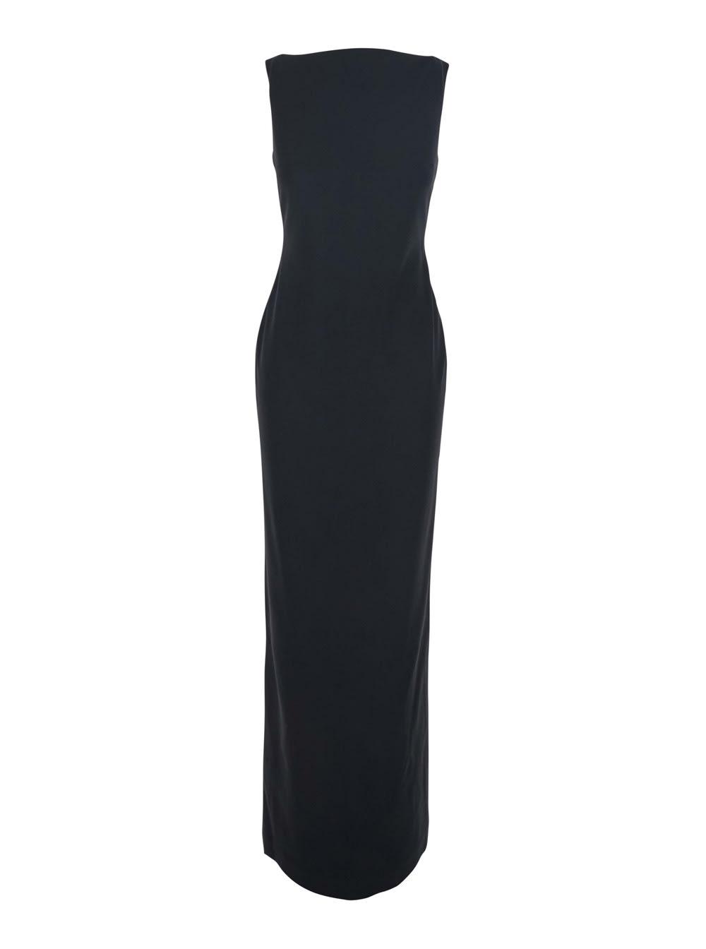 solace london black long dress with square neckline and cut out on the back in fabric woman