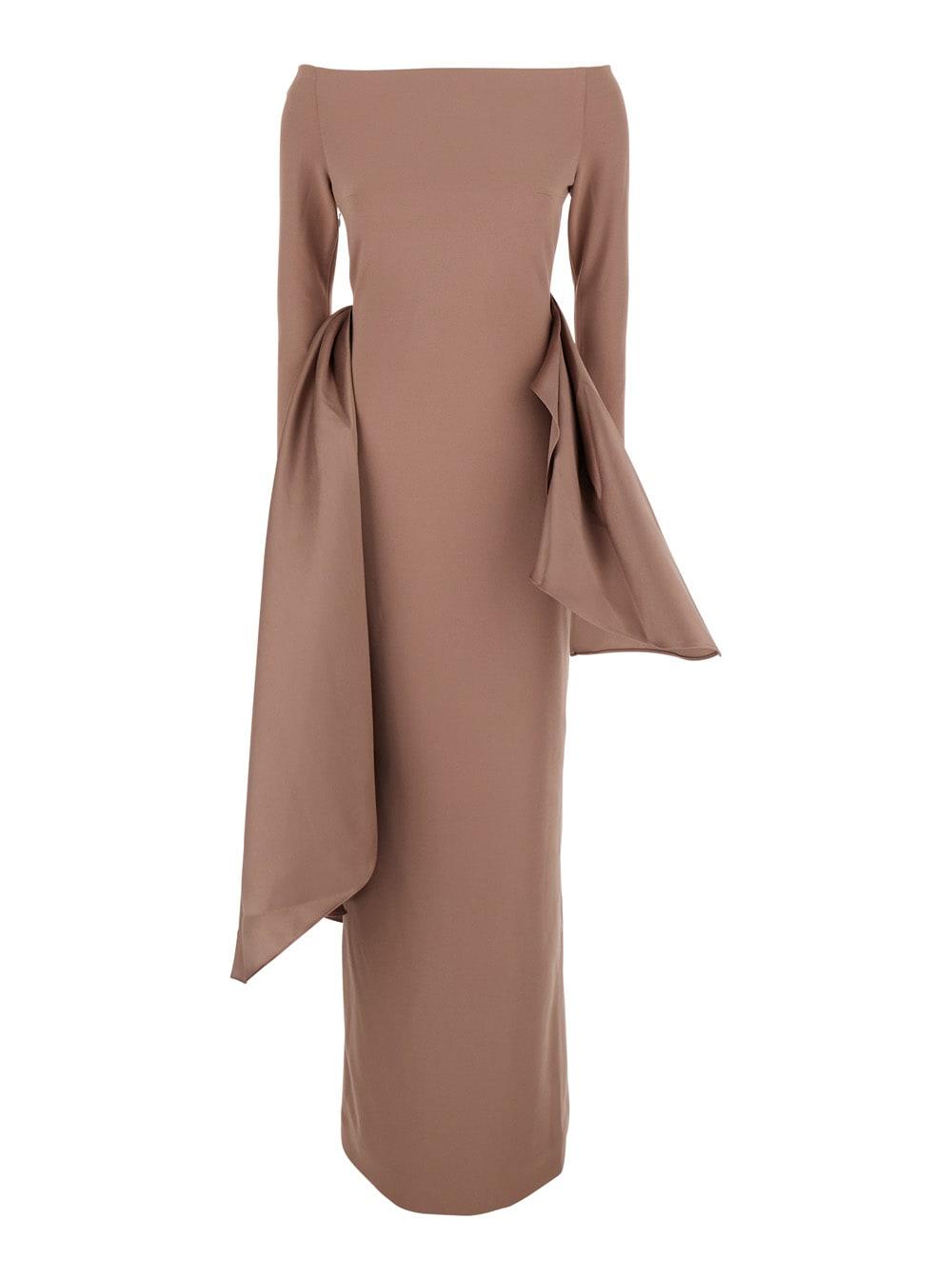 solace london kiana brown long dress with boat neckline and maxi draped detail in tech fabric stretch woman
