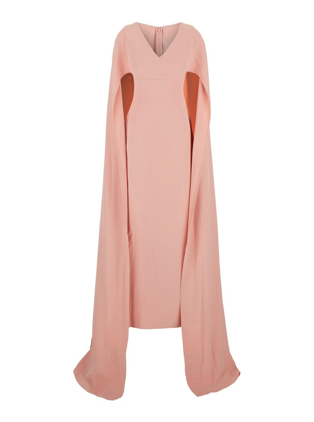 solace london morgan pink long dress with v neck and rear single slit in tech fabric woman