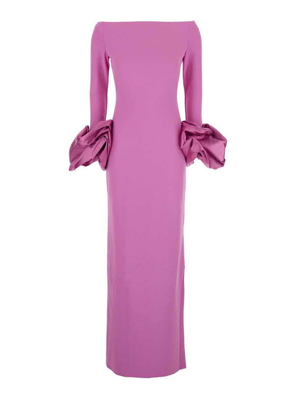 solace london talia pink long dress with bare shoulders and sleeves with ruffles in twill woman