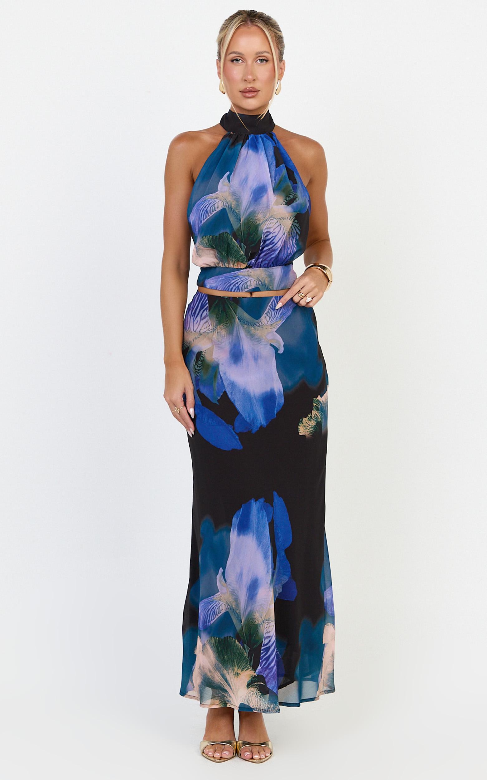 solara maxi skirt - bias cut a line skirt in midnight resort orchid print