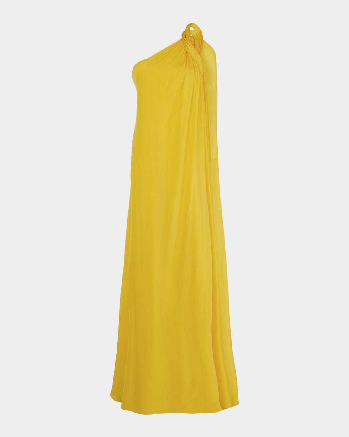 solaris sculpted one-shoulder cape gown
