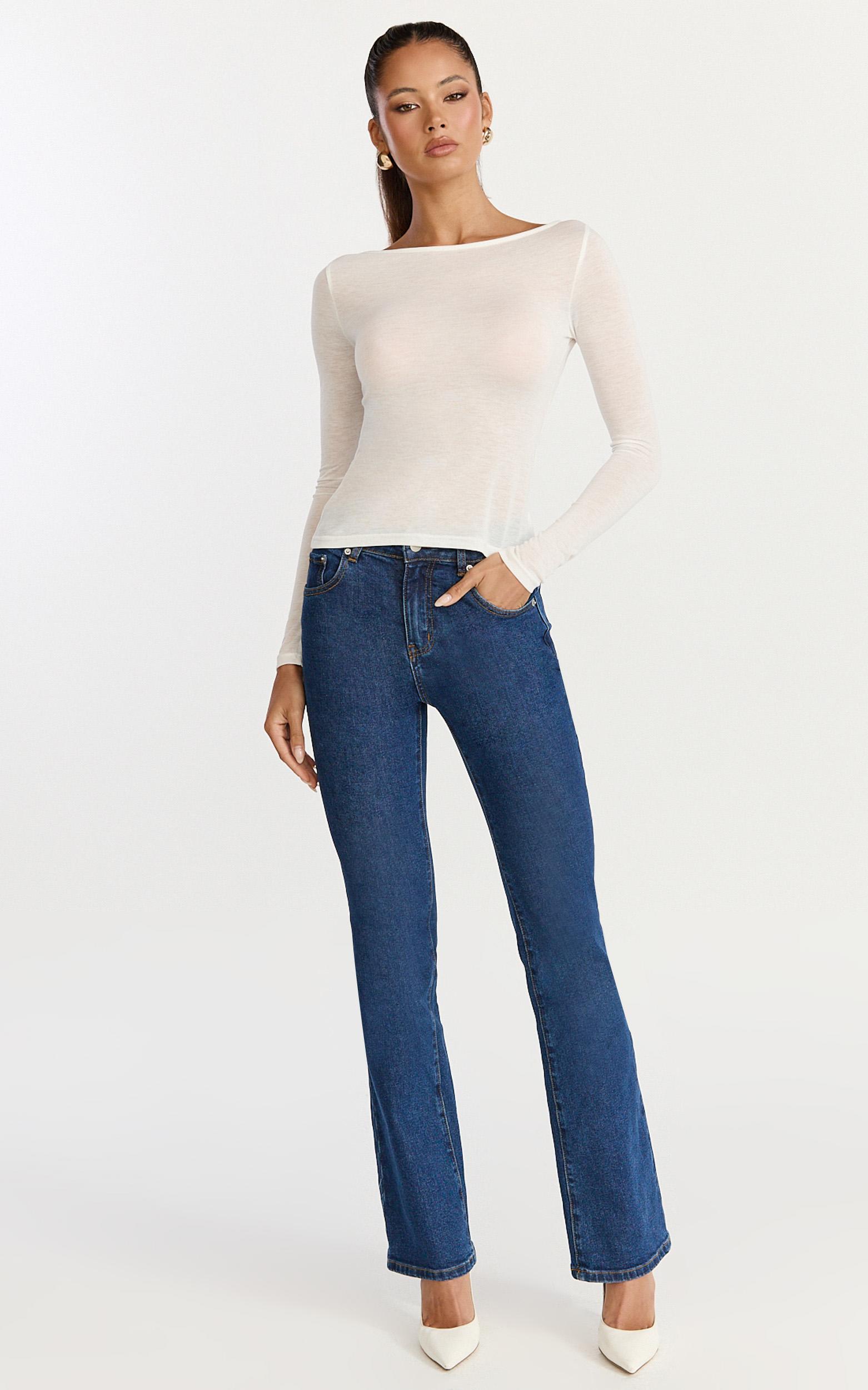 solenne jeans - high waist skinny bootcut leg jeans in dark mid blue wash