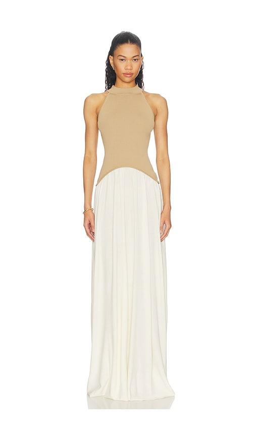 solid & striped the isola dress in tan,white.