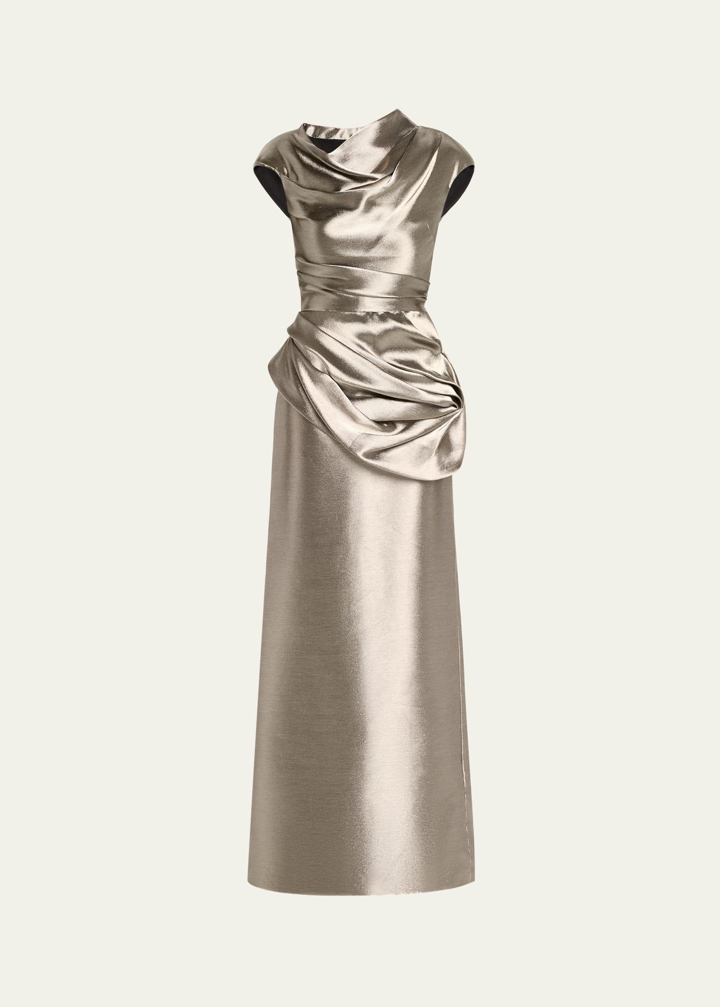 sophia draped liquid metallic silk column gown