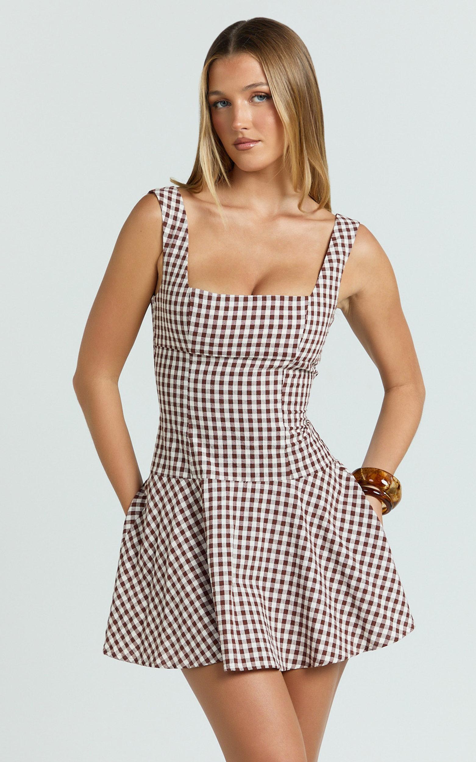 sophia mini dress - drop waist fit and flare mini dress in chocolate gingham