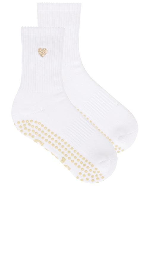 souls. beige heart grip socks in white.