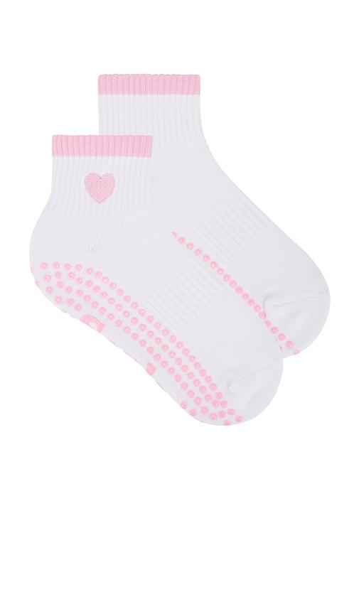 souls. pink heart sock in white.