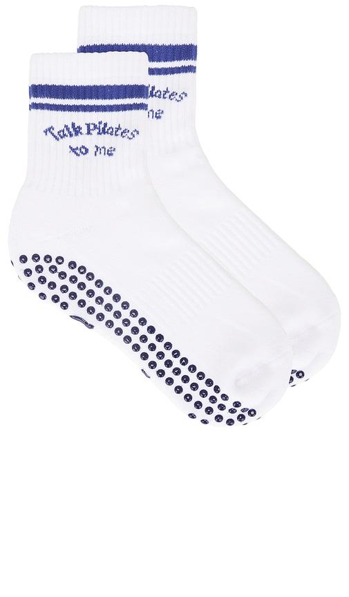 souls. talk pilates to me grip socks in white.