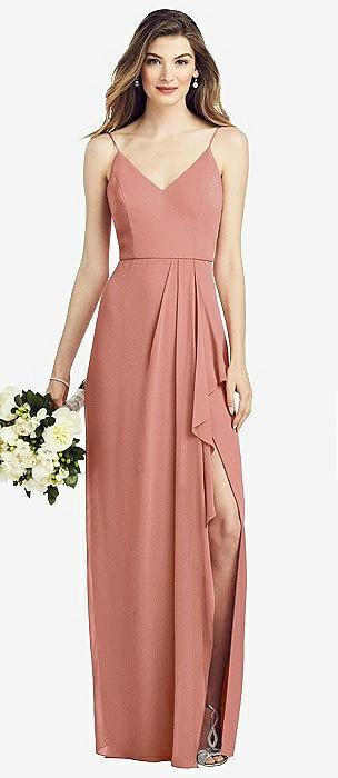spaghetti strap draped skirt gown with front slit
