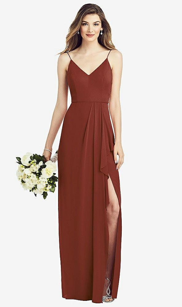 spaghetti strap draped skirt gown with front slit