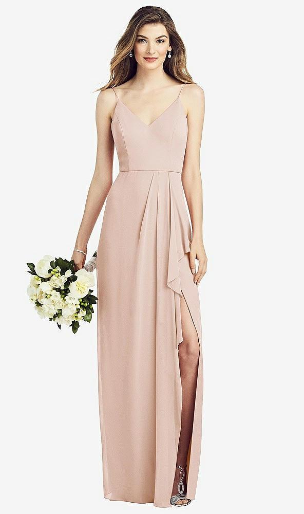 spaghetti strap draped skirt gown with front slit