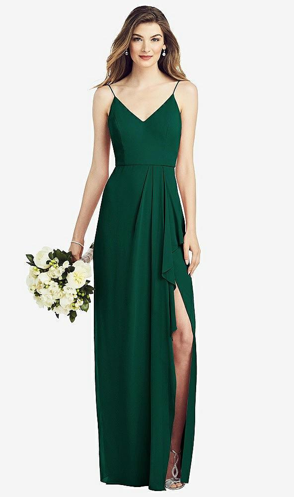 spaghetti strap draped skirt gown with front slit