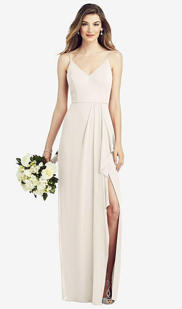 spaghetti strap draped skirt gown with front slit