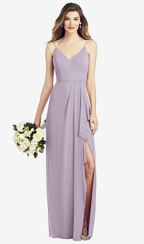 spaghetti strap draped skirt gown with front slit