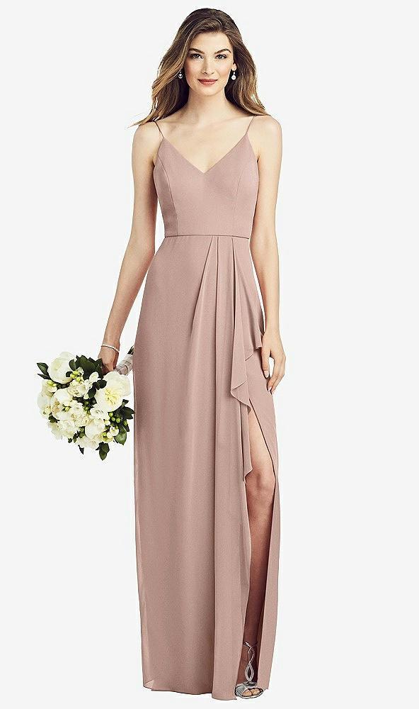 spaghetti strap draped skirt gown with front slit