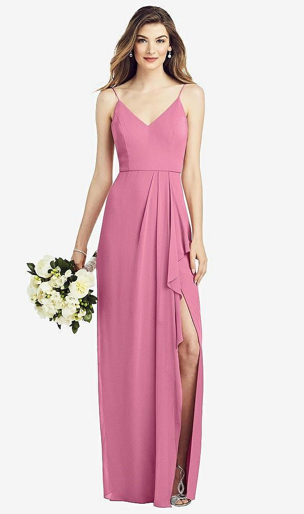 spaghetti strap draped skirt gown with front slit