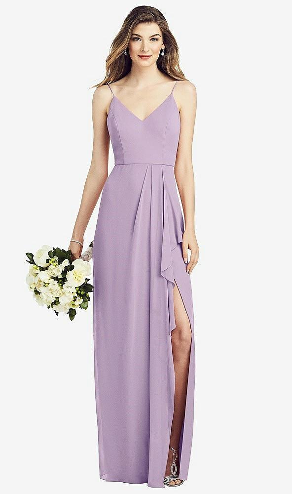 spaghetti strap draped skirt gown with front slit