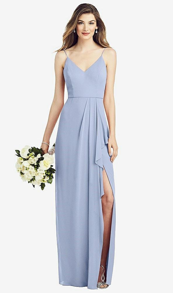 spaghetti strap draped skirt gown with front slit