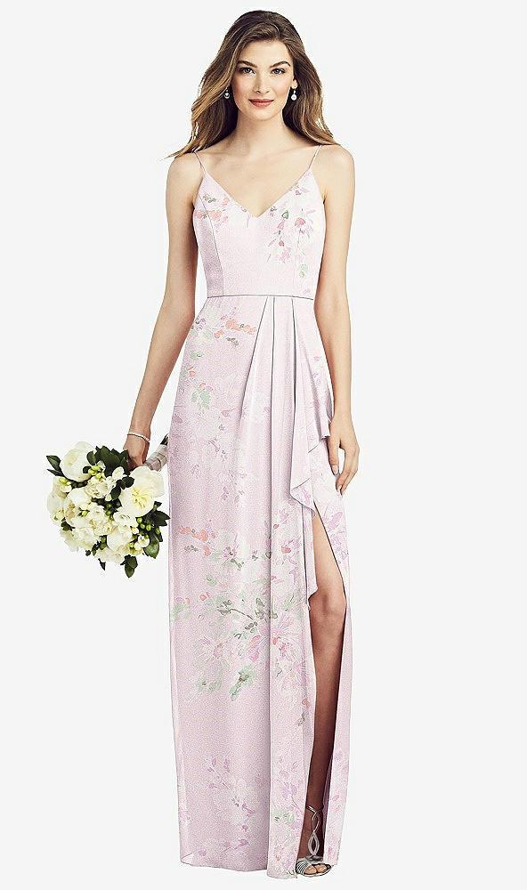 spaghetti strap draped skirt gown with front slit