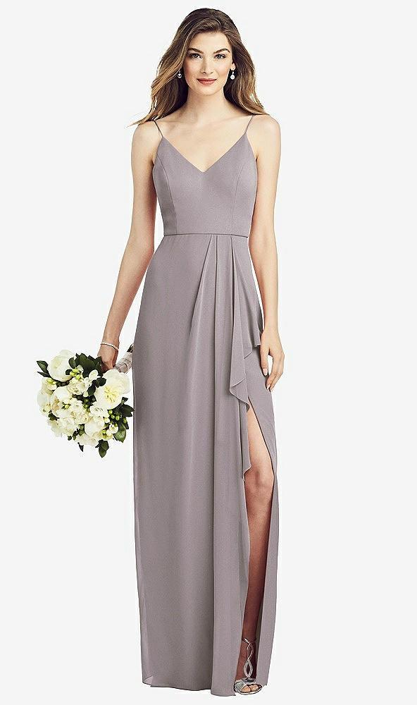 spaghetti strap draped skirt gown with front slit