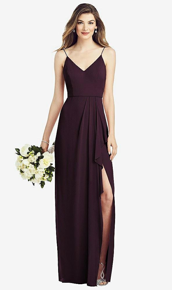 spaghetti strap draped skirt gown with front slit