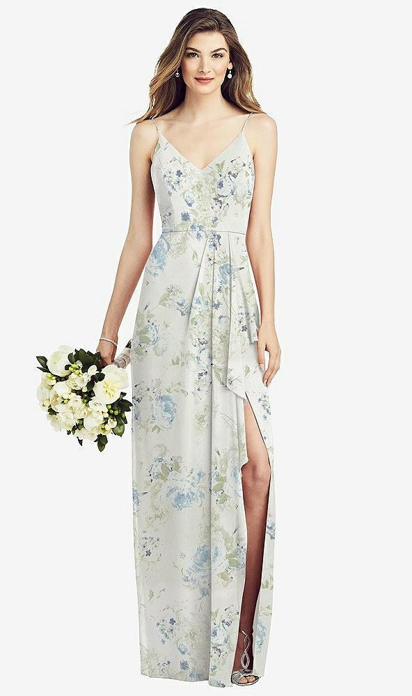 spaghetti strap draped skirt gown with front slit