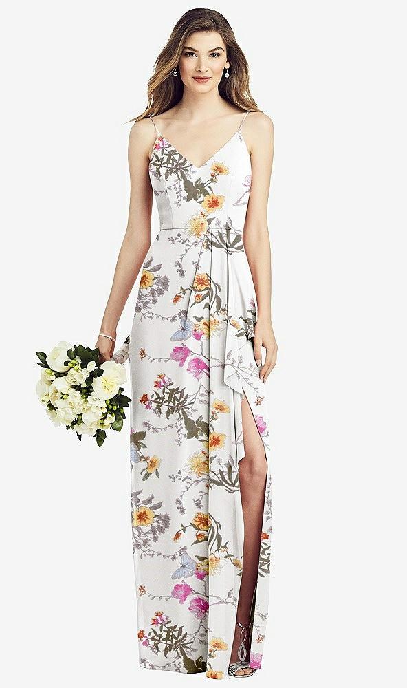 spaghetti strap draped skirt gown with front slit