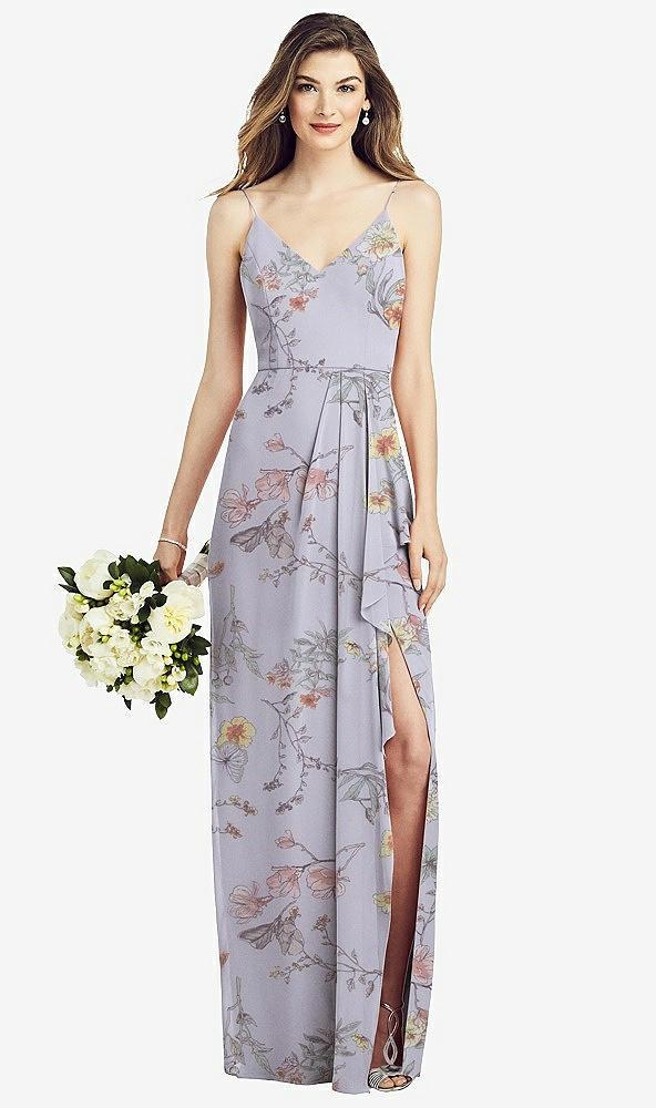 spaghetti strap draped skirt gown with front slit