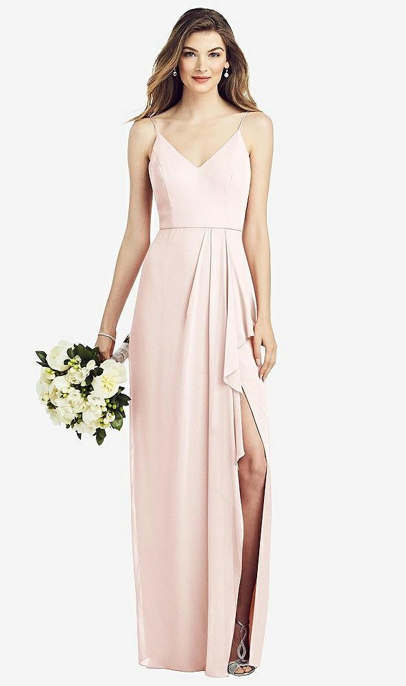 spaghetti strap draped skirt gown with front slit