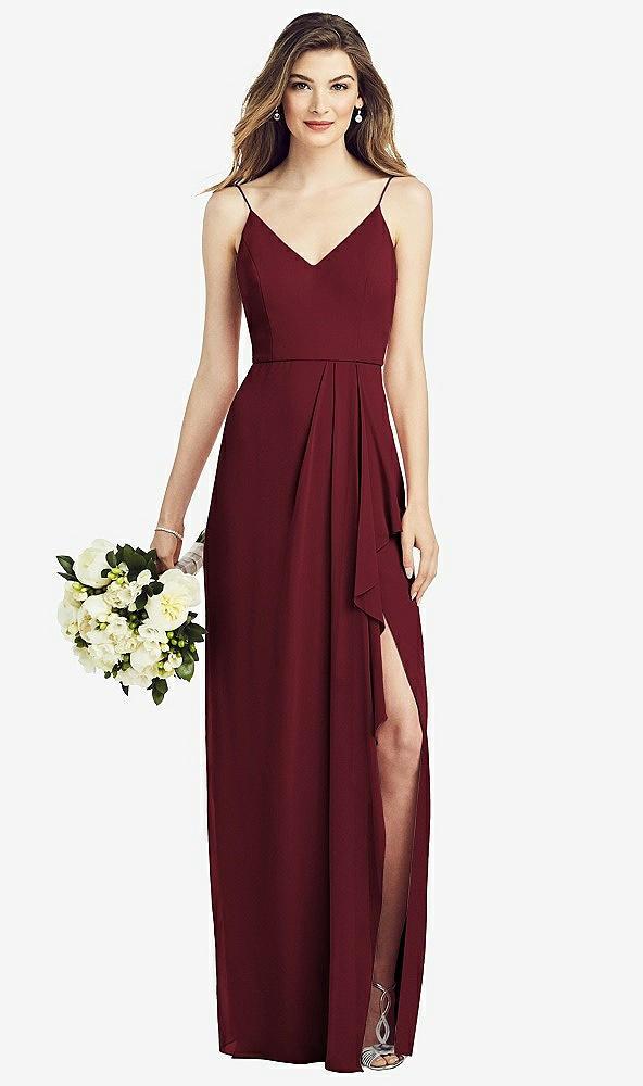 spaghetti strap draped skirt gown with front slit