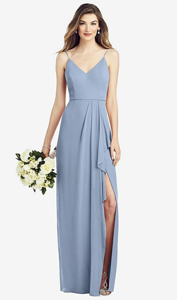 spaghetti strap draped skirt gown with front slit