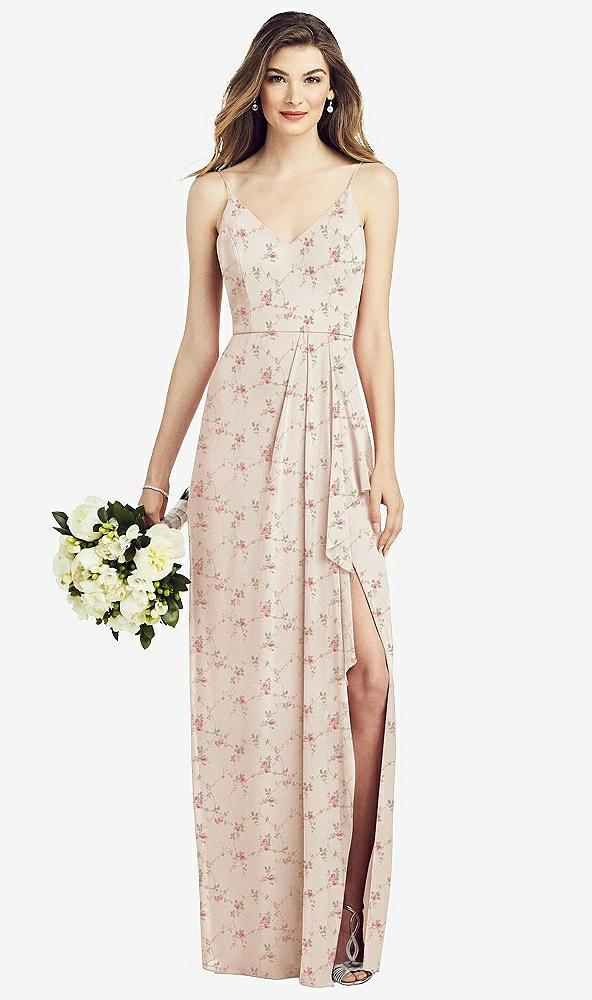 spaghetti strap draped skirt gown with front slit