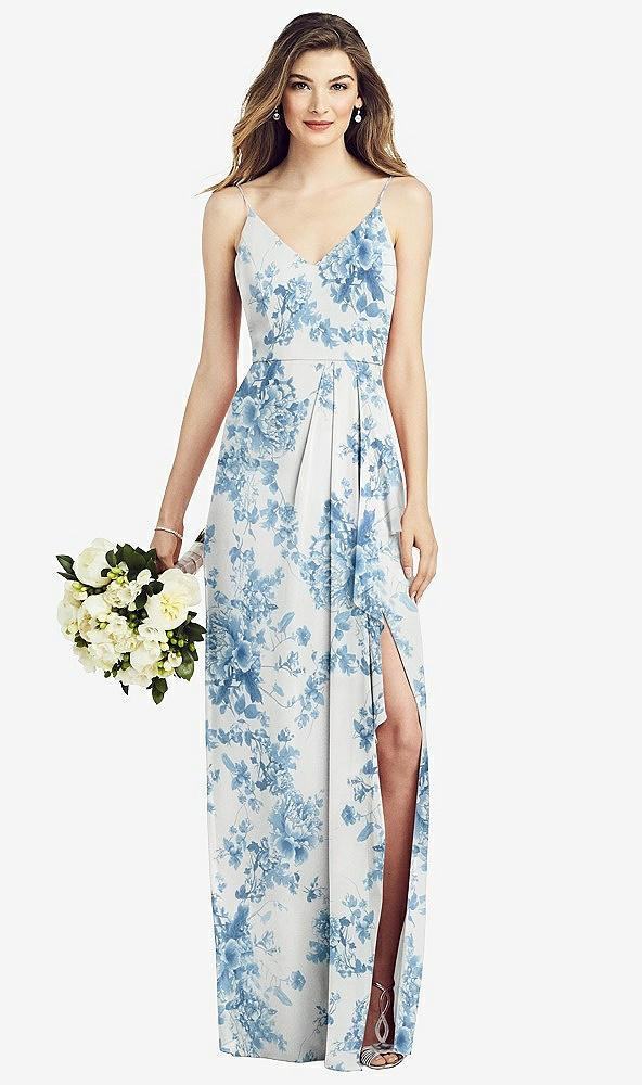 spaghetti strap draped skirt gown with front slit