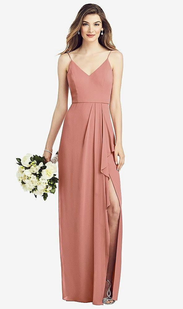 spaghetti strap draped skirt gown with front slit