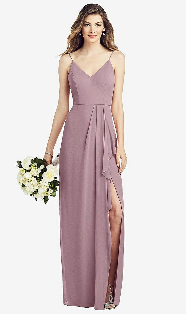 spaghetti strap draped skirt gown with front slit