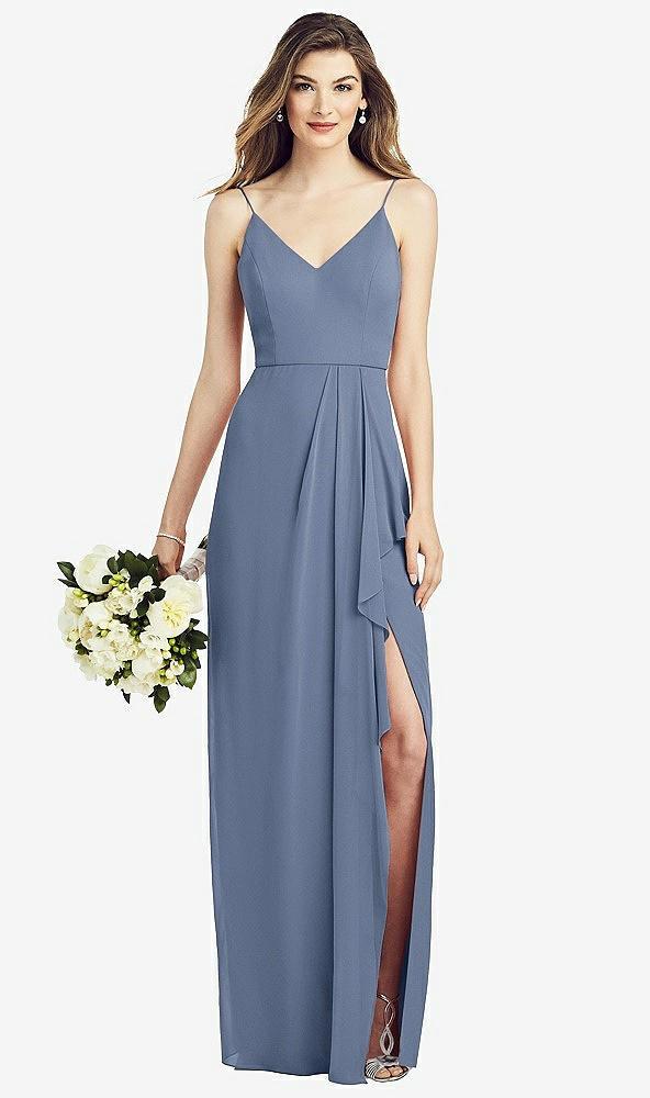 spaghetti strap draped skirt gown with front slit