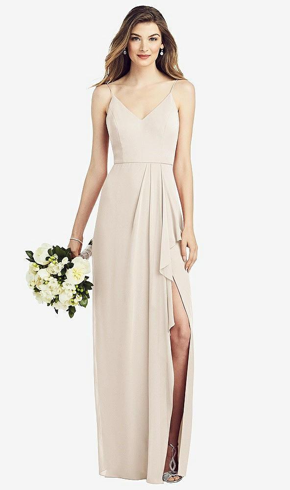 spaghetti strap draped skirt gown with front slit