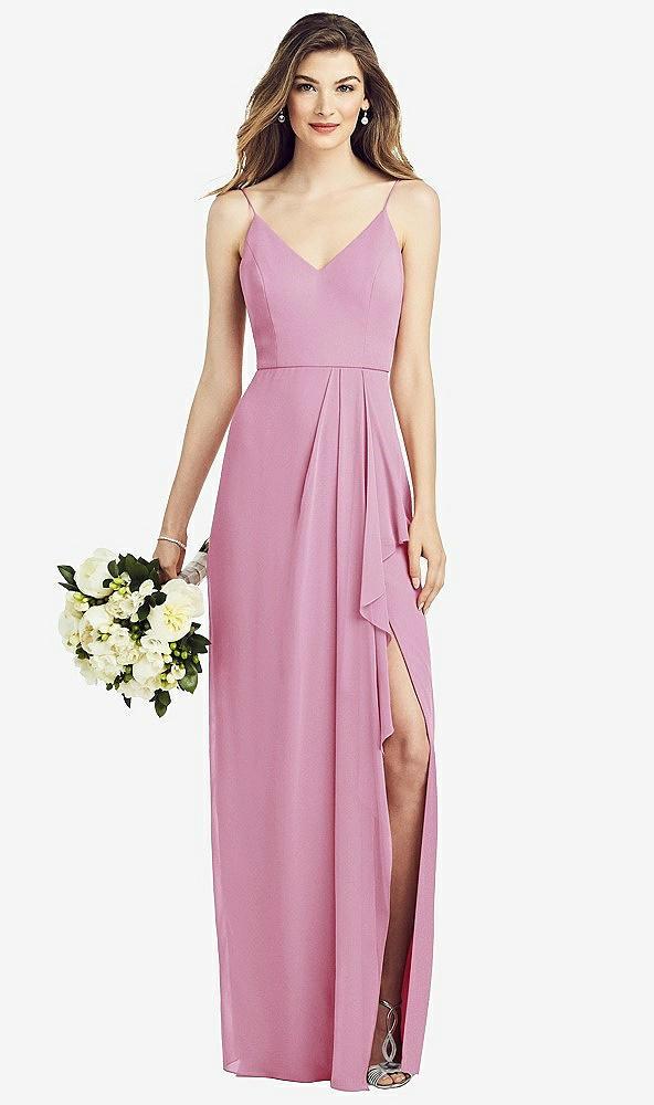 spaghetti strap draped skirt gown with front slit